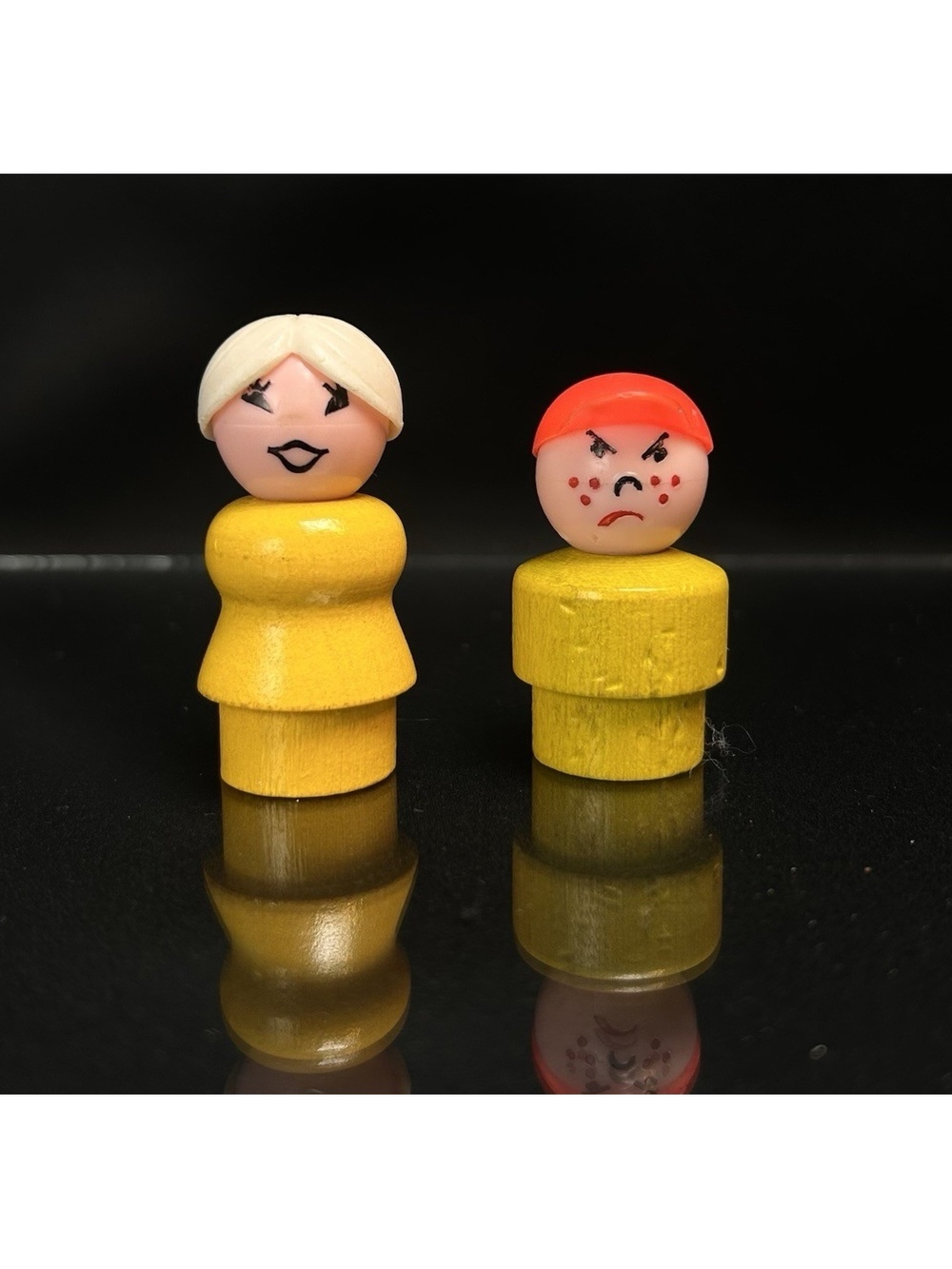 Vintage Fisher Price Little People Wooden Figure Woman & Boy With Red Cap